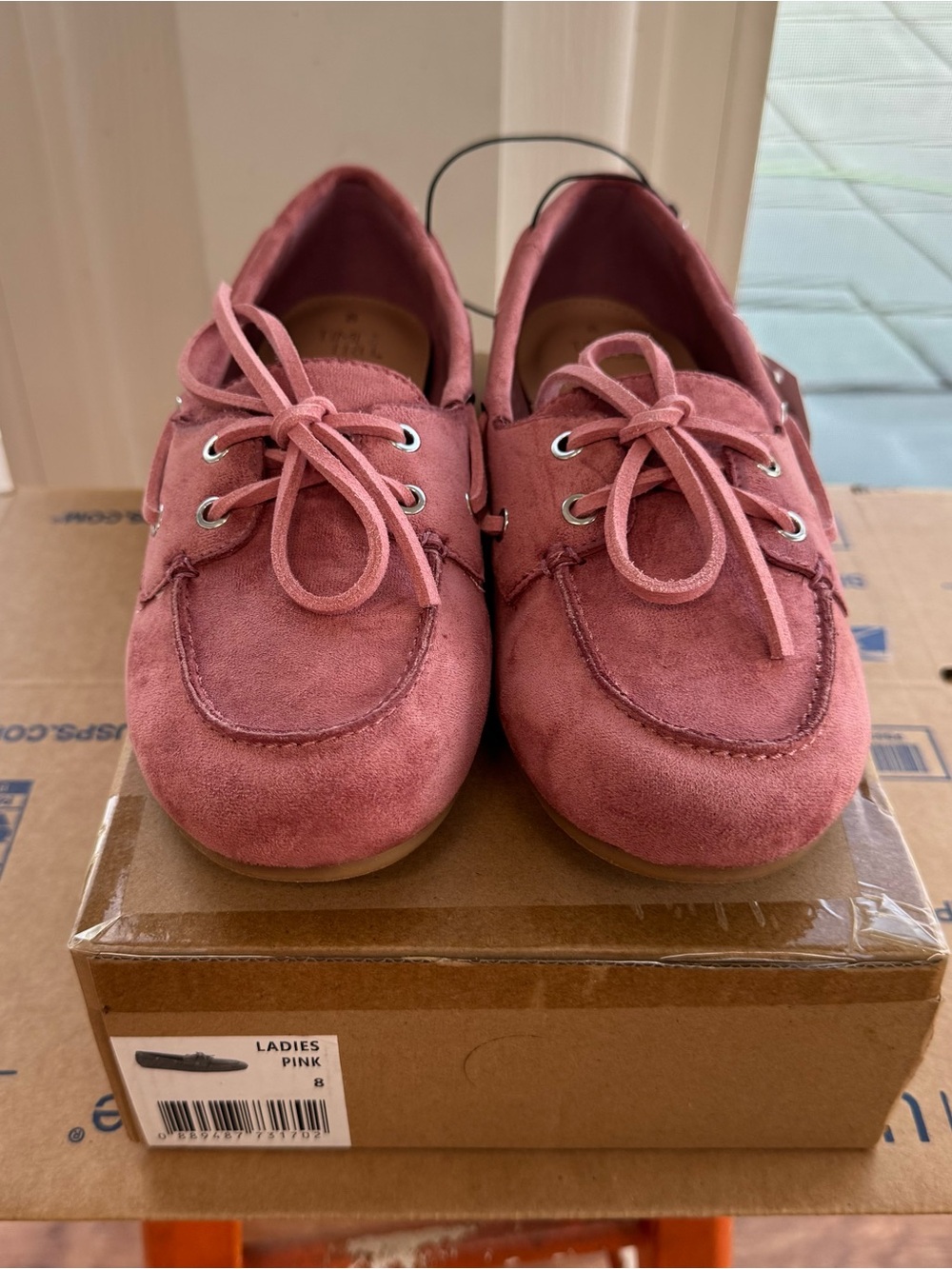 Time and Tru Womens Pink Faux Suede Boat Shoes Memory Foam Moc Toe Loafers 8 New - Picture 2 of 15